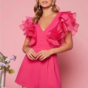 Hot Pink Organza Ruffle Sleeve Romper Cocktail Party Guest Dressy M